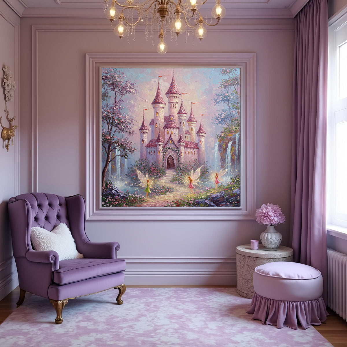 Fairy Castle Art Print: Whimsical Pink Castle, Fairies, Waterfalls (Digital Download)