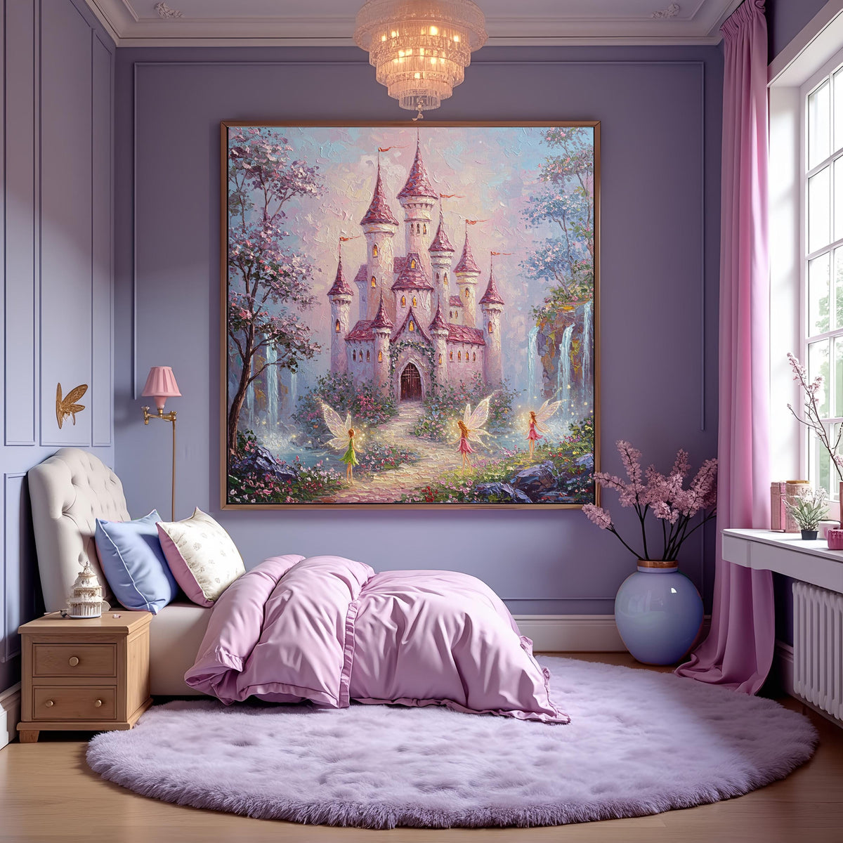 Fairy Castle Art Print: Whimsical Pink Castle, Fairies, Waterfalls (Digital Download)