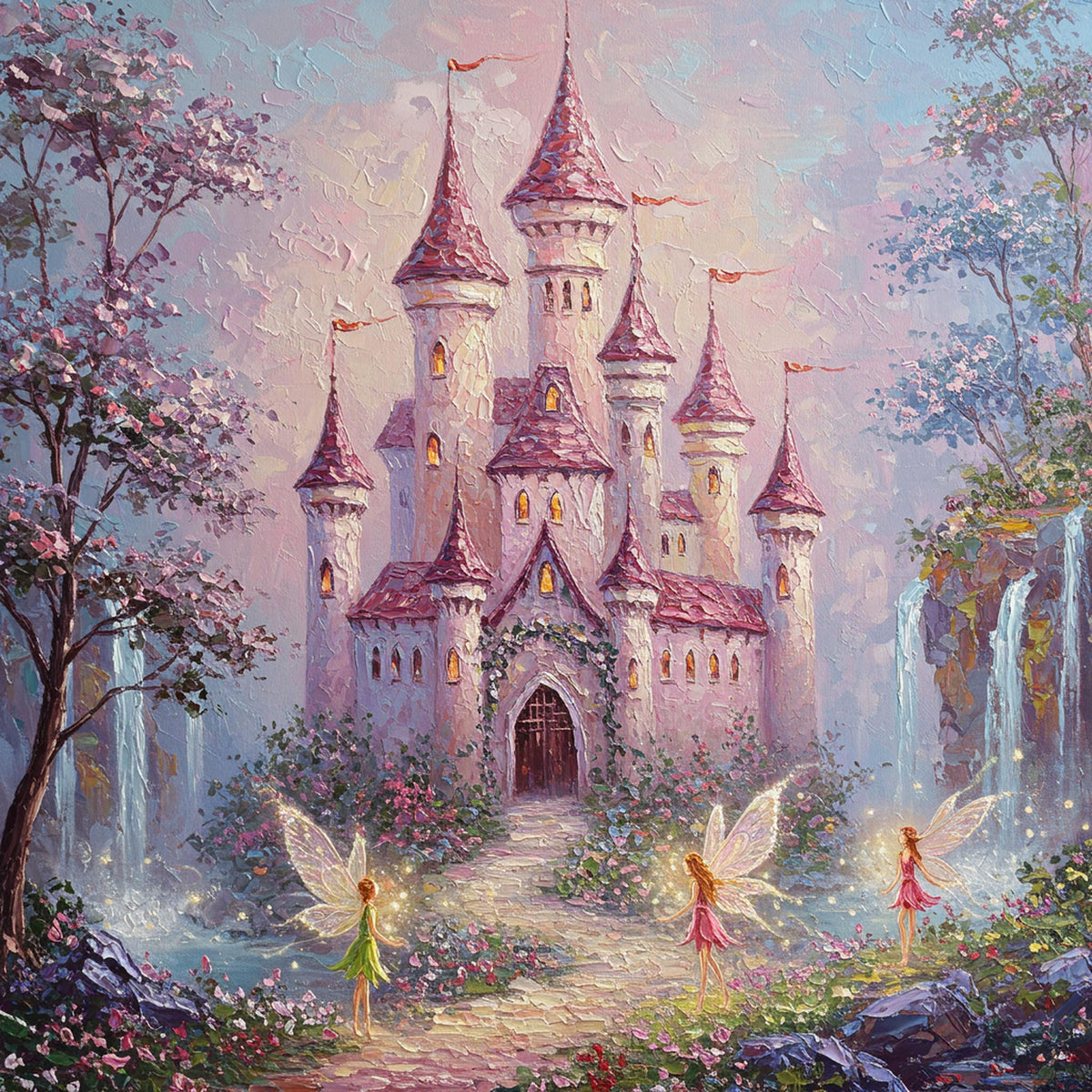 Fairy Castle Art Print: Whimsical Pink Castle, Fairies, Waterfalls (Digital Download)
