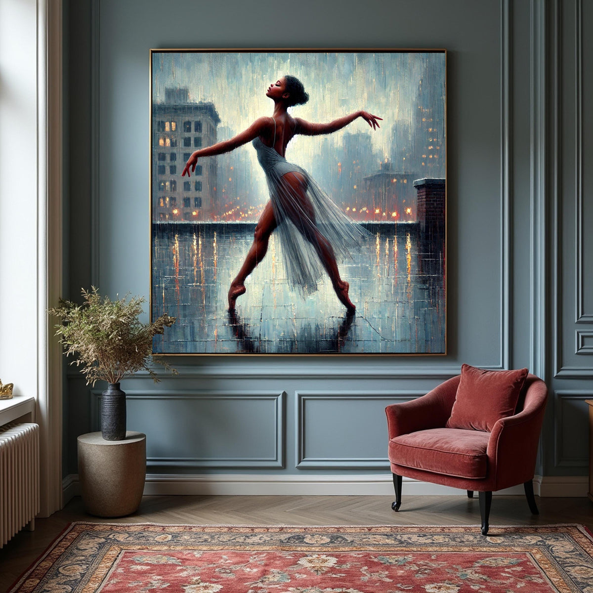 Ballerina in Rain Art Print: Impressionist City Rooftop Dance (Digital Download)