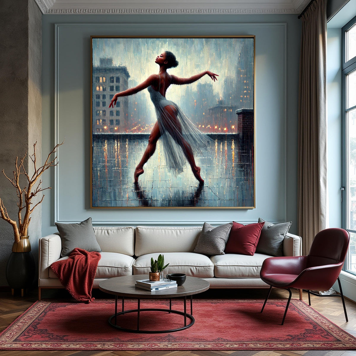 Ballerina in Rain Art Print: Impressionist City Rooftop Dance (Digital Download)