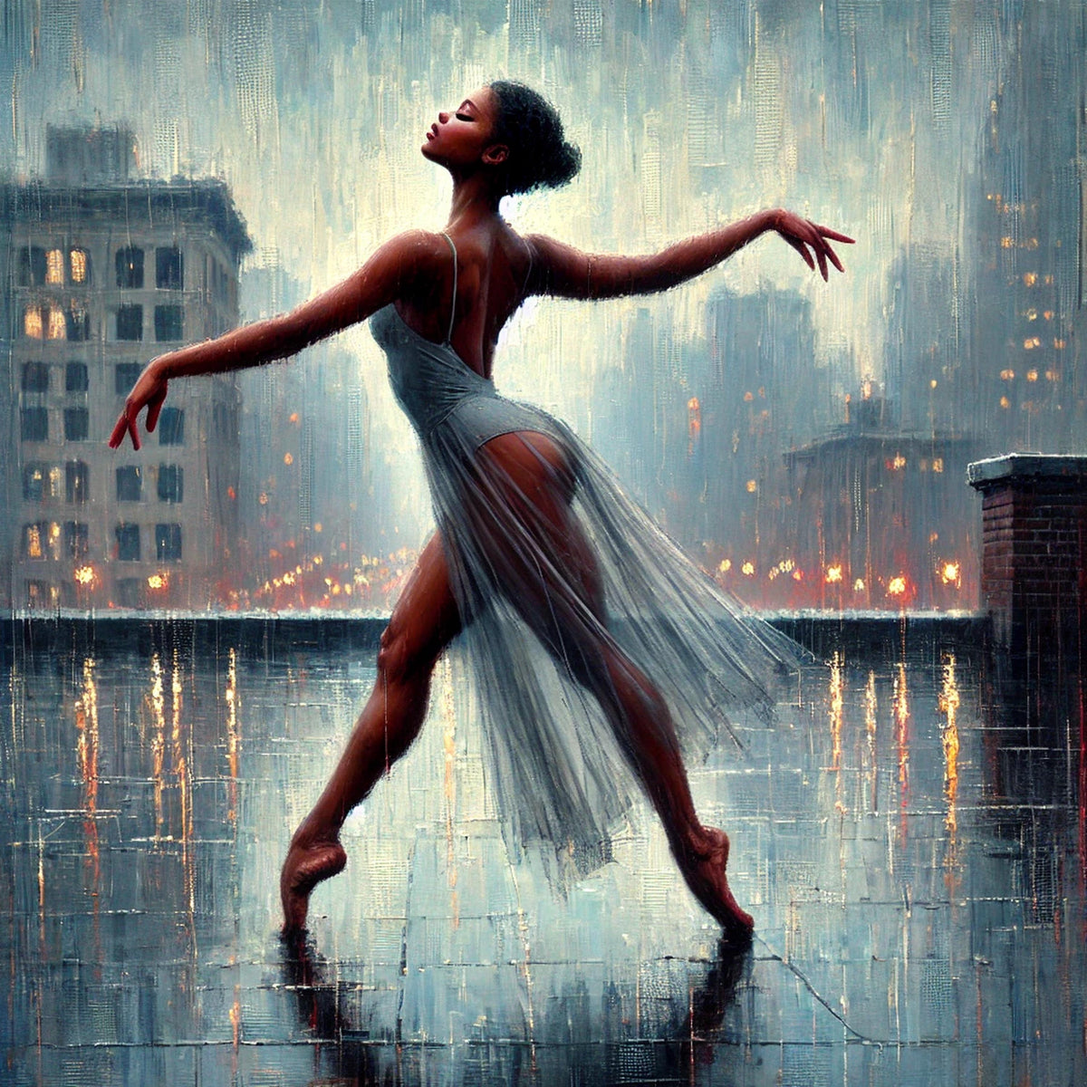 Ballerina in Rain Art Print: Impressionist City Rooftop Dance (Digital Download)
