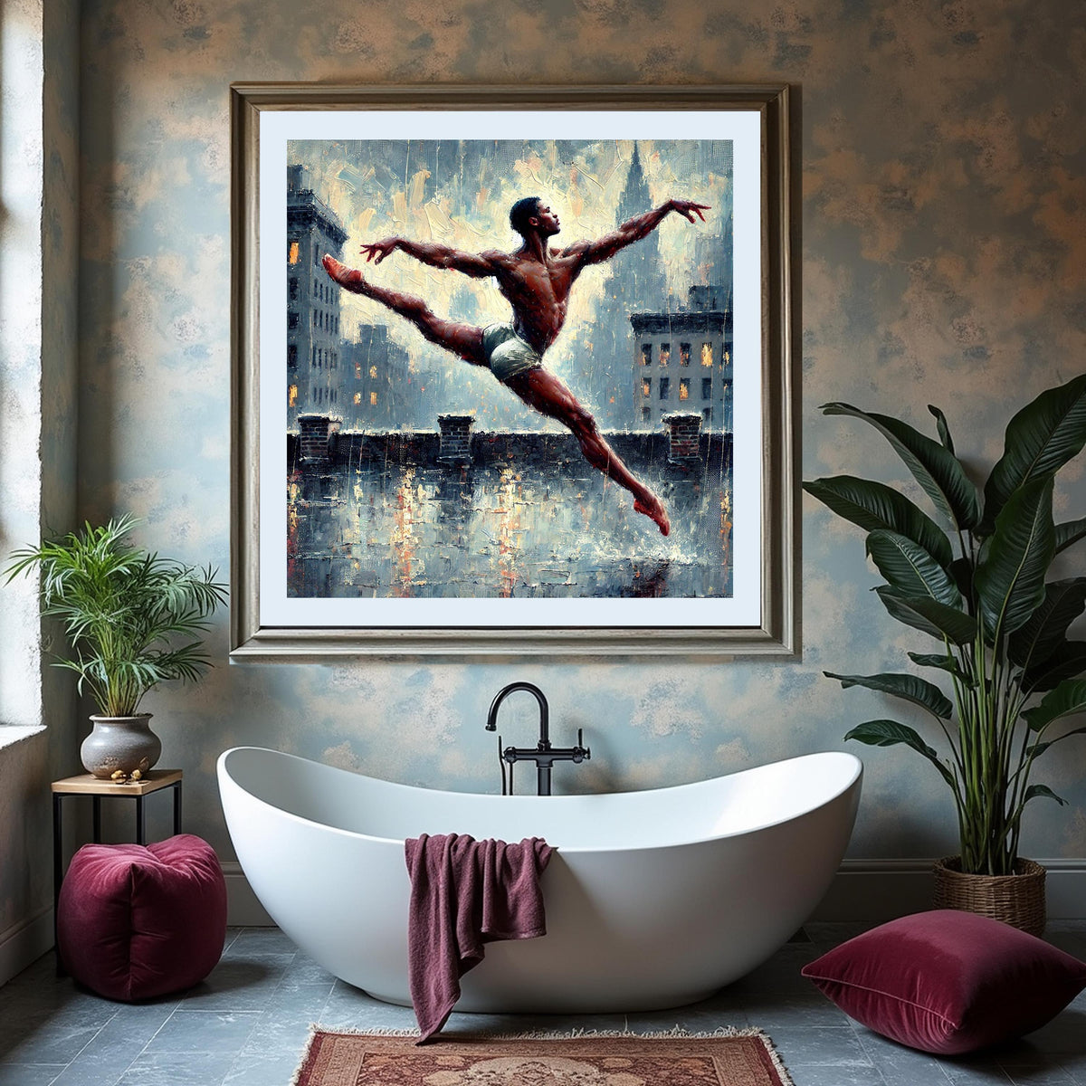 Male Dancer Art Print: Rooftop Leap in Rain (Digital Download)