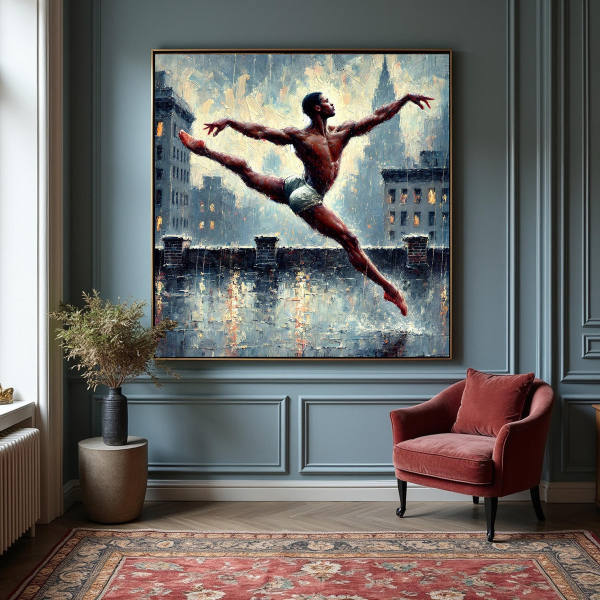 Male Dancer Art Print: Rooftop Leap in Rain (Digital Download)
