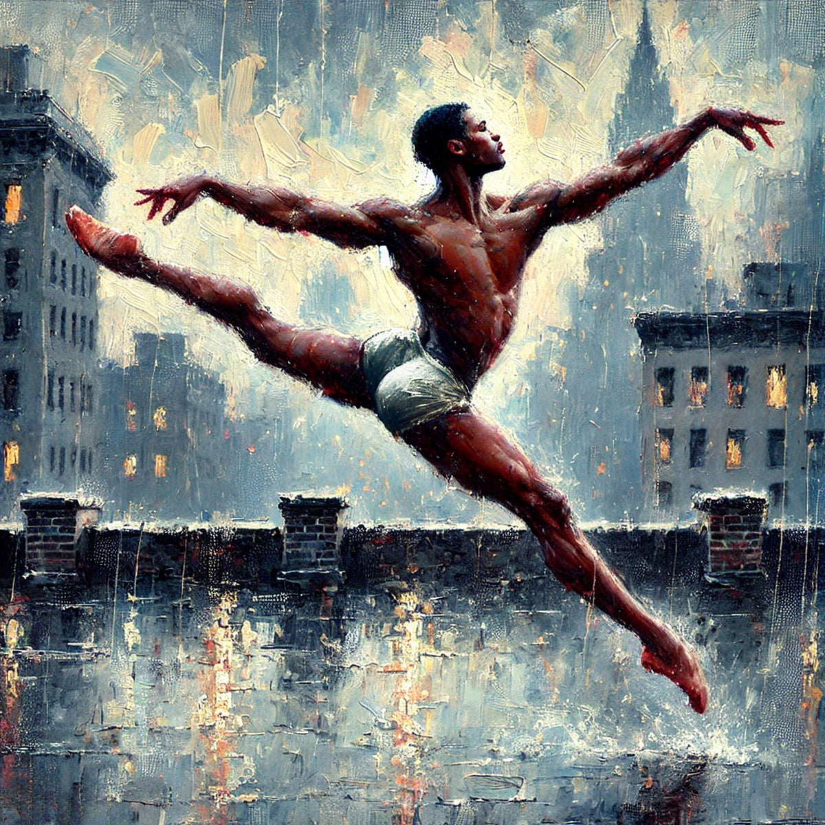 Male Dancer Art Print: Rooftop Leap in Rain (Digital Download)