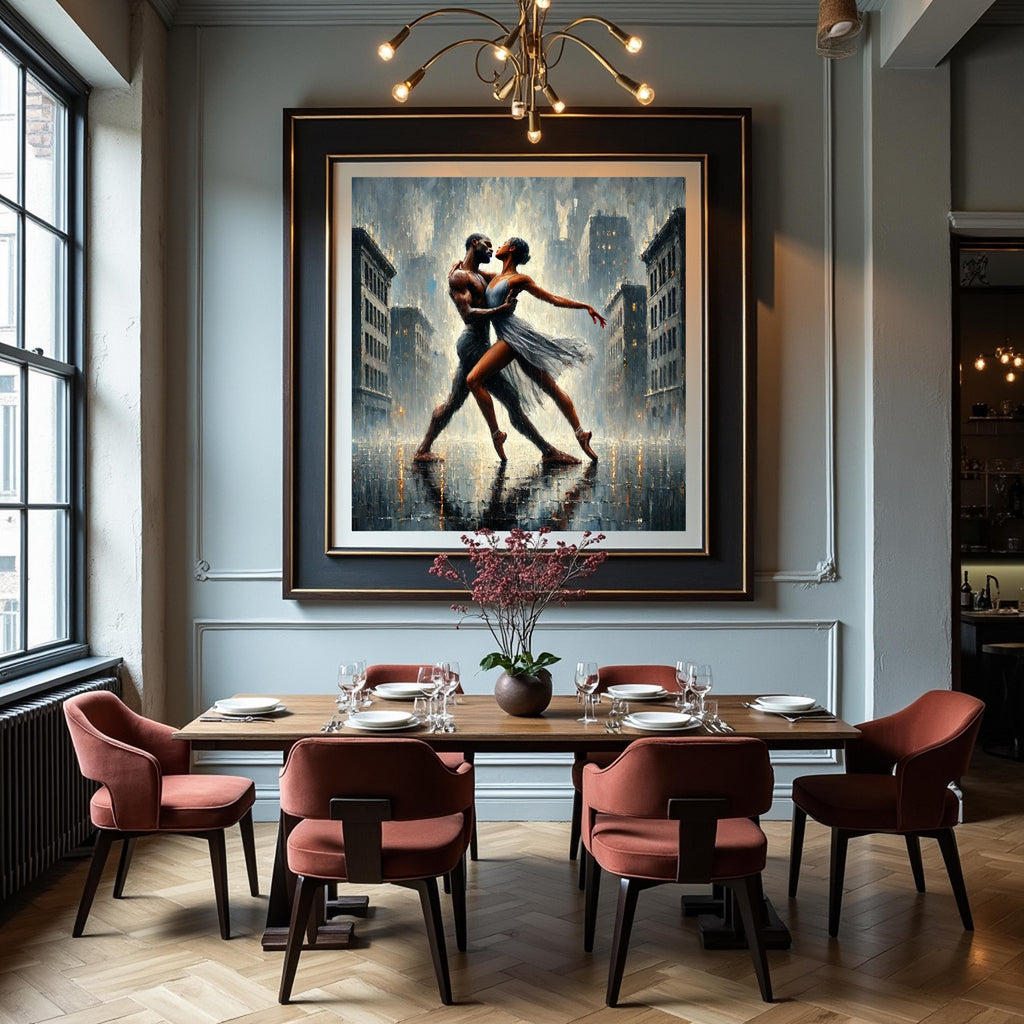 Dancing Couple in Rain Art Print: Rooftop Ballet, Impressionist Style (Digital Download)