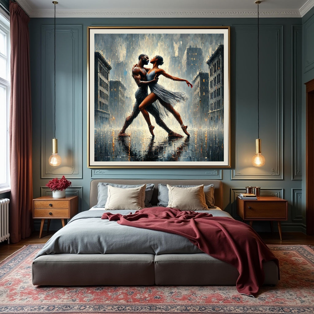 Dancing Couple in Rain Art Print: Rooftop Ballet, Impressionist Style (Digital Download)