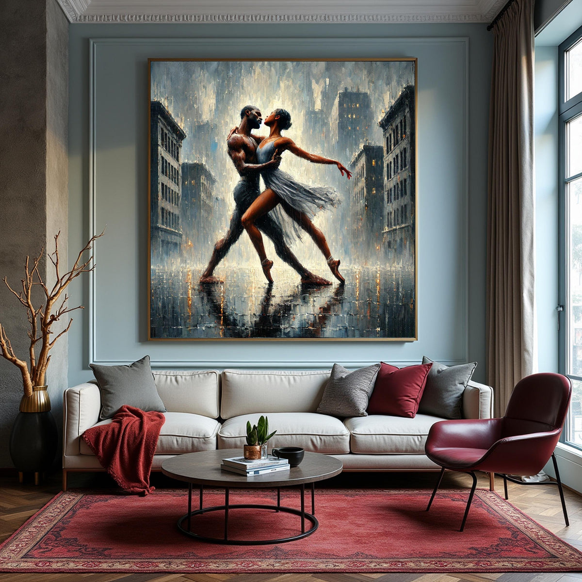 Dancing Couple in Rain Art Print: Rooftop Ballet, Impressionist Style (Digital Download)