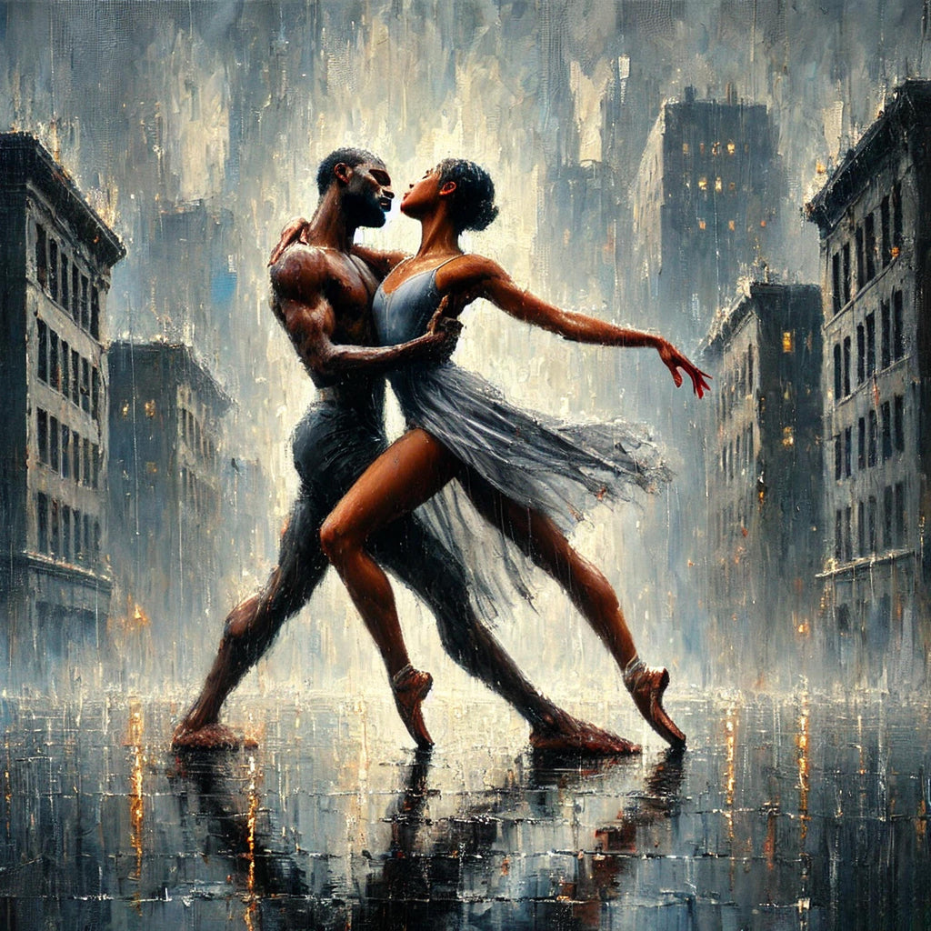 Dancing Couple in Rain Art Print: Rooftop Ballet, Impressionist Style (Digital Download)