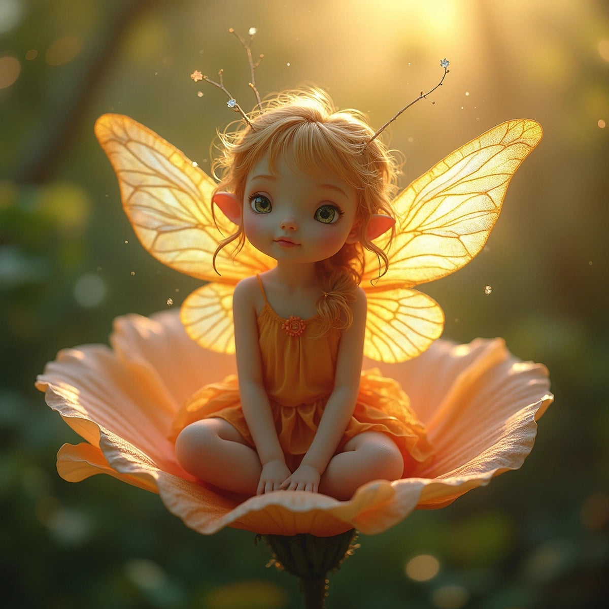 Sunshine Garden Fairy Art Print: Whimsical Girl with Golden Wings (Digital Download)