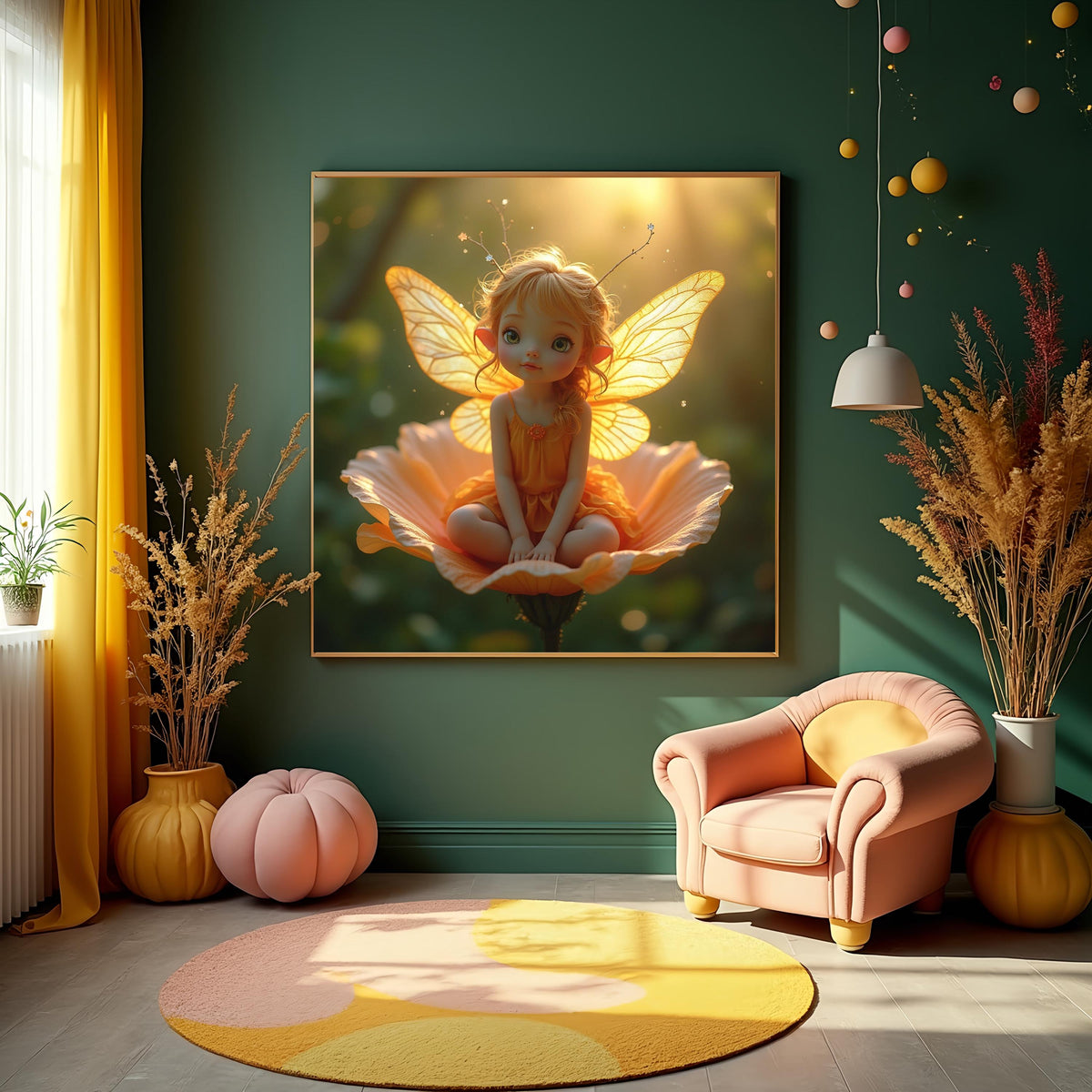 Sunshine Garden Fairy Art Print: Whimsical Girl with Golden Wings (Digital Download)