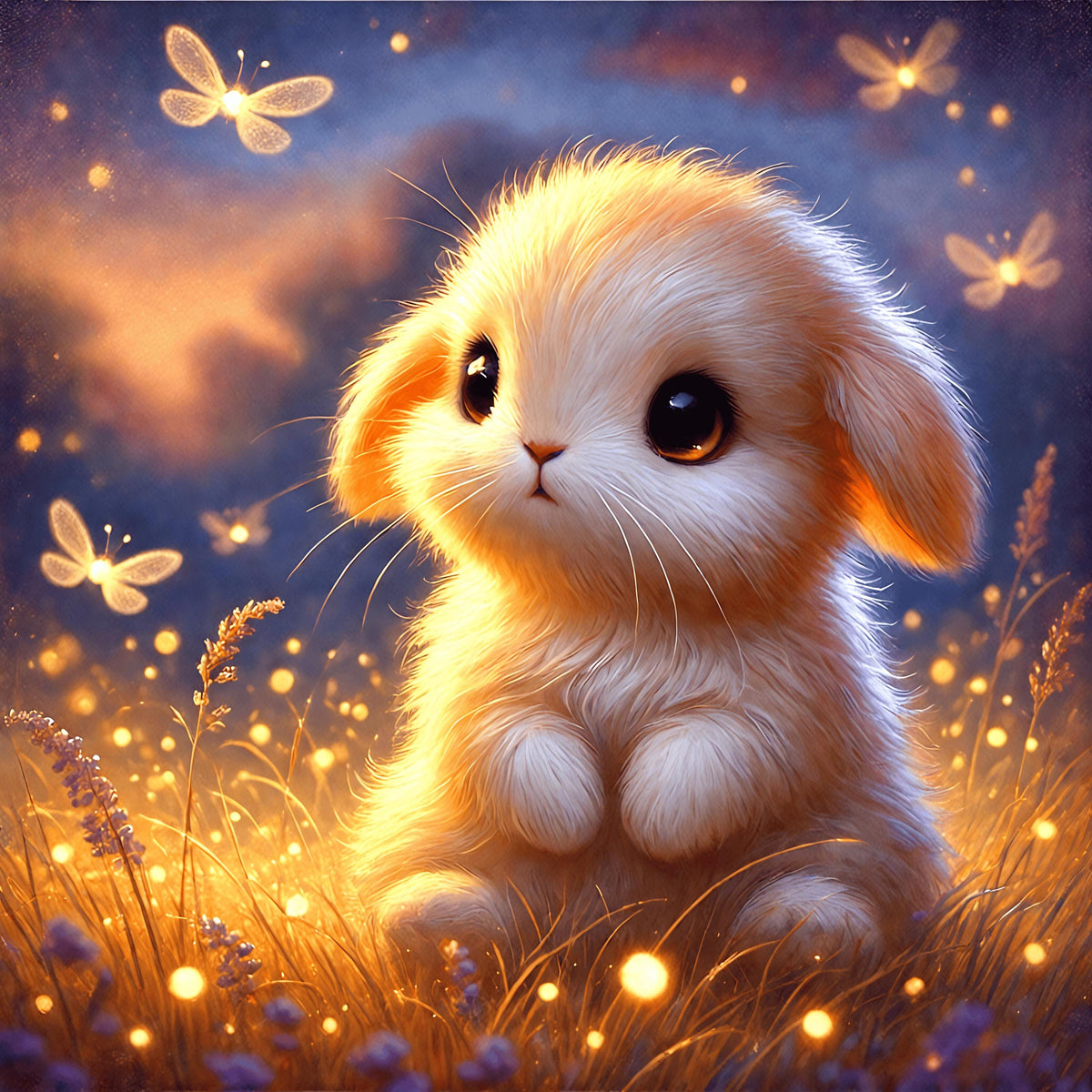 Baby Bunny Art Print: Glowing Fireflies, Whimsical Nursery Decor (Digital Download)
