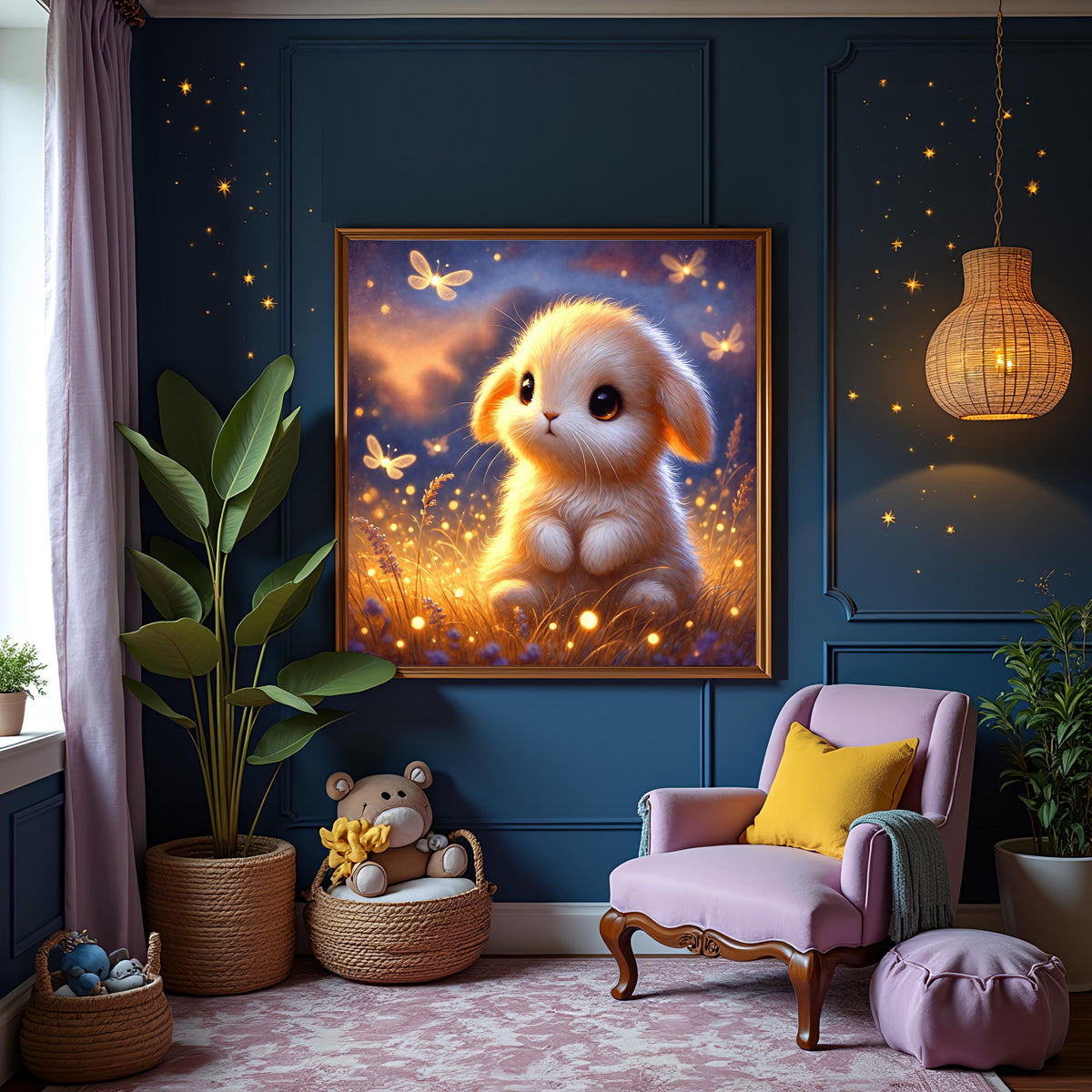 Baby Bunny Art Print: Glowing Fireflies, Whimsical Nursery Decor (Digital Download)
