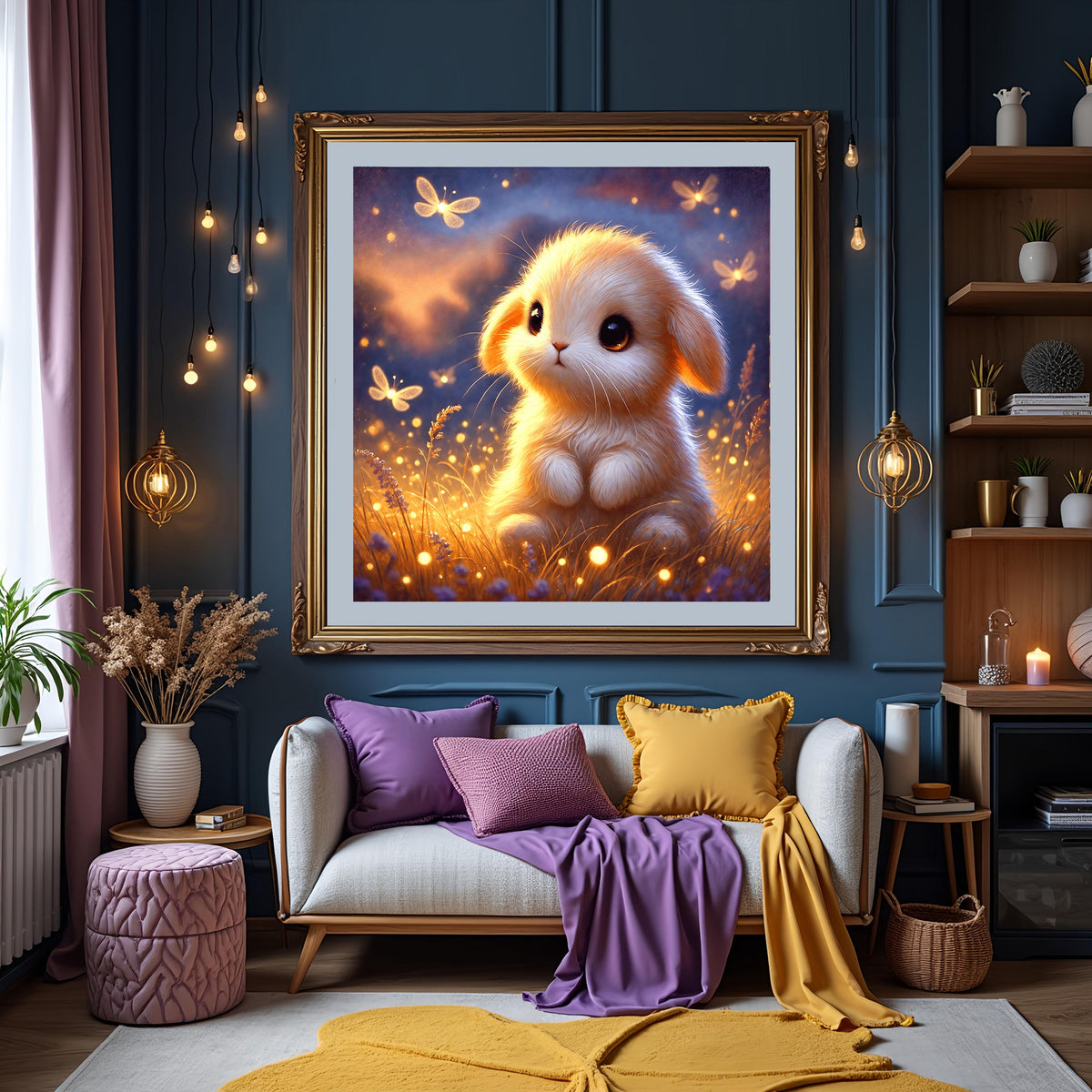 Baby Bunny Art Print: Glowing Fireflies, Whimsical Nursery Decor (Digital Download)