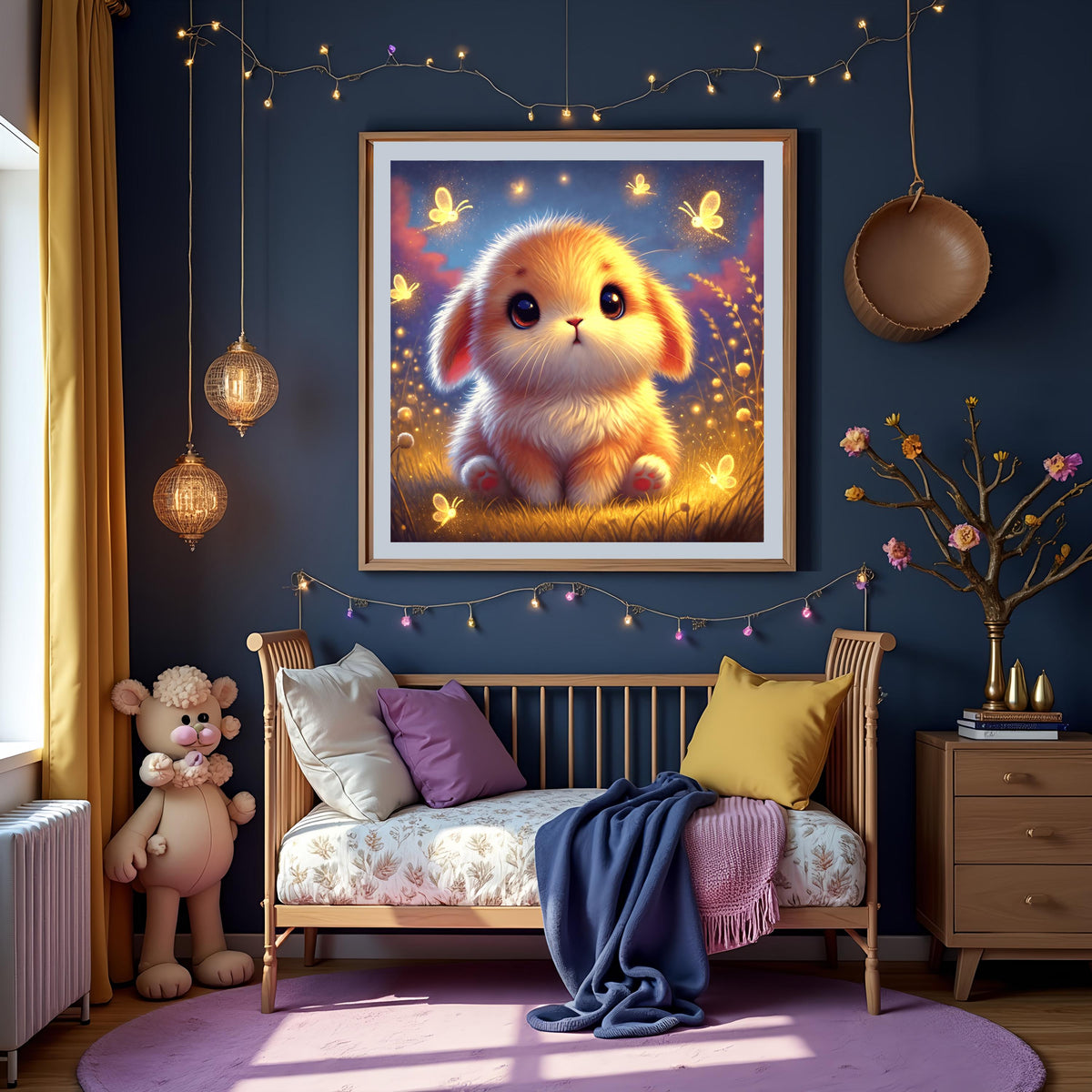 Baby Bunny Art Print: Glowing Fireflies, Whimsical Nursery Art Decor (Digital Download)