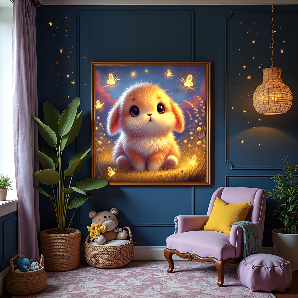 Baby Bunny Art Print: Glowing Fireflies, Whimsical Nursery Art Decor (Digital Download)