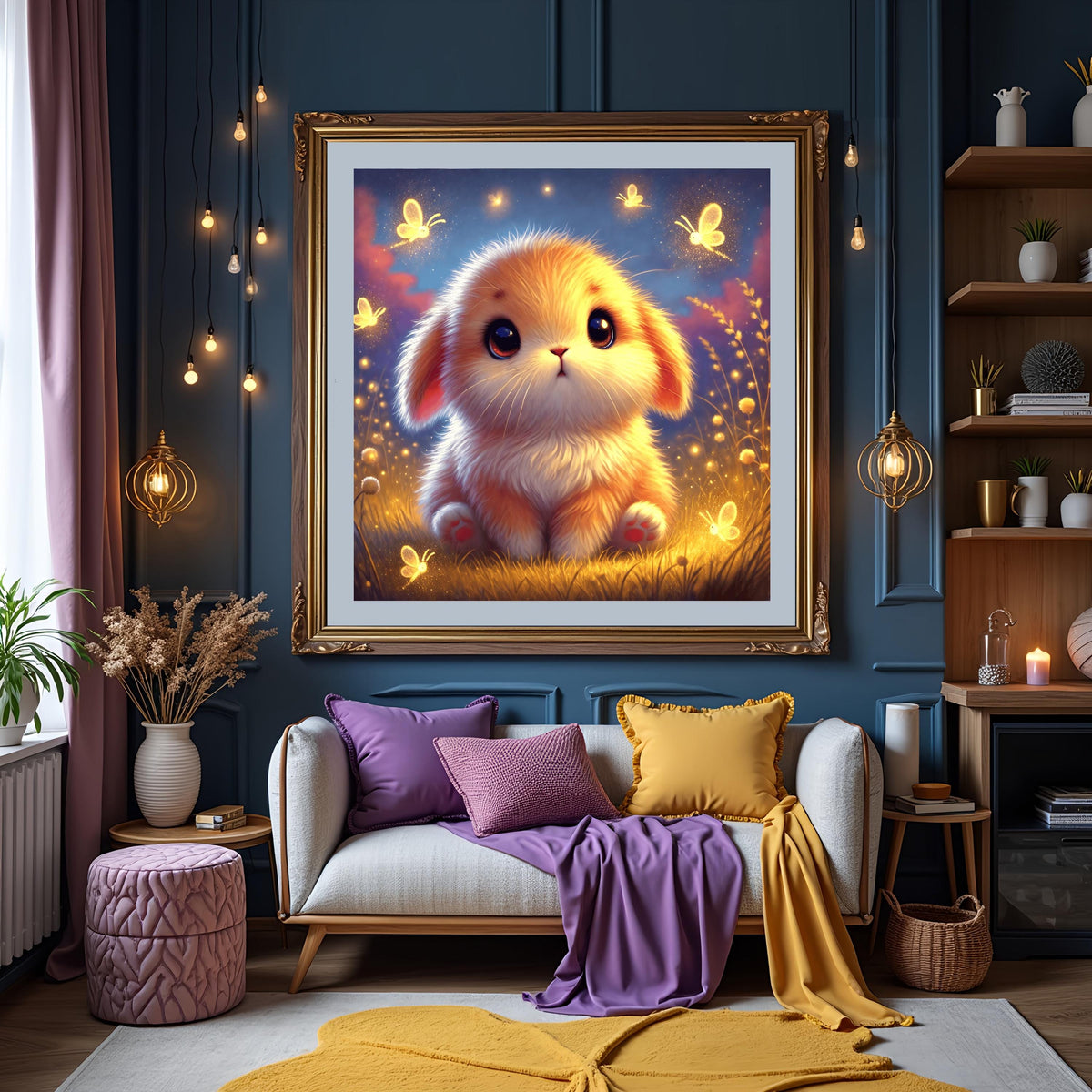 Baby Bunny Art Print: Glowing Fireflies, Whimsical Nursery Art Decor (Digital Download)
