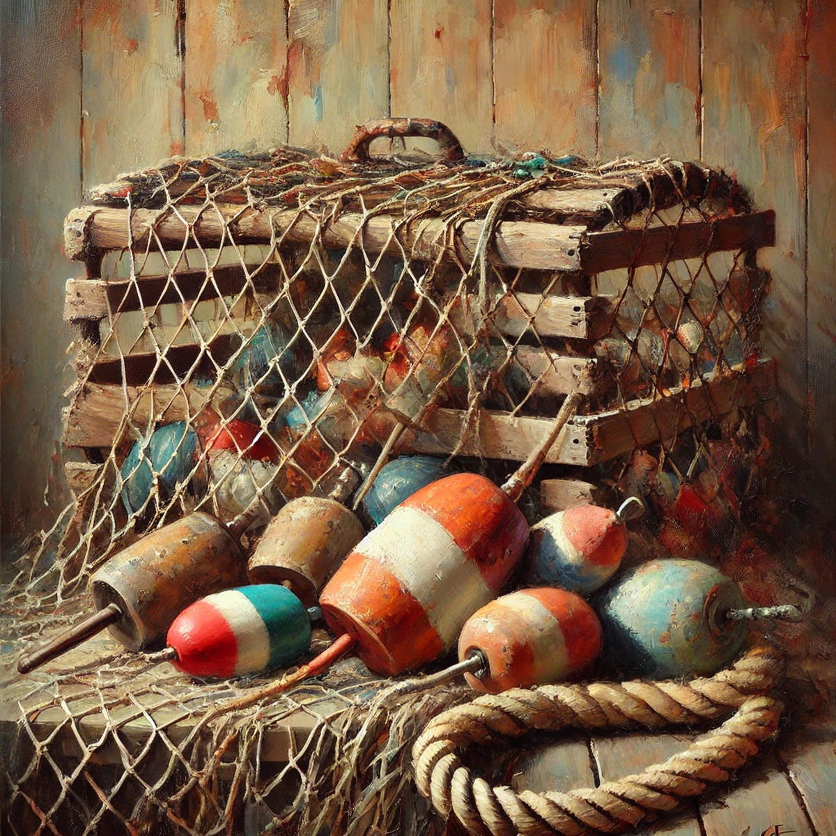 Nautical Buoys Still Life Art Print: Rustic Coastal Decor (Digital Download)