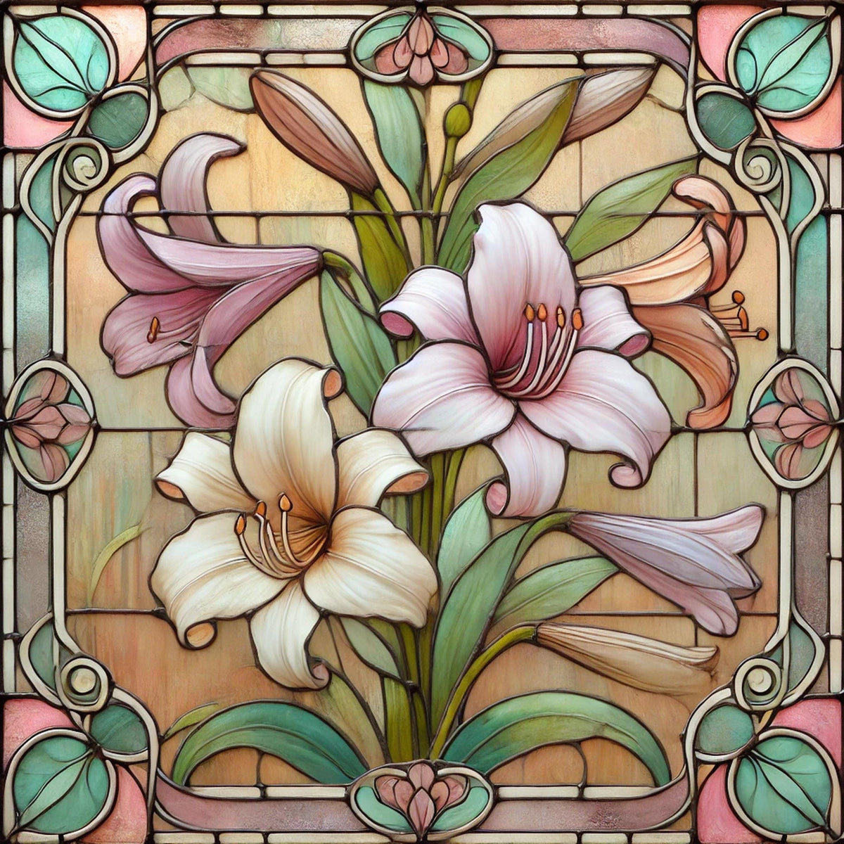 Art Nouveau Easter Lilies Stained Glass Print: Vintage Floral Home Decor (Digital Download)