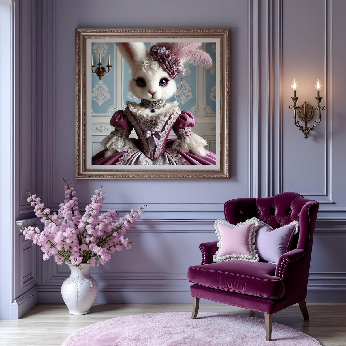 Victorian Bunny Portrait: Whimsical Rabbit in Purple Dress (Digital Download)