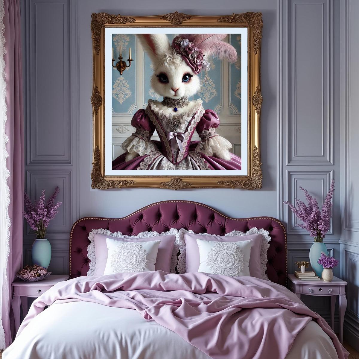 Victorian Bunny Portrait: Whimsical Rabbit in Purple Dress (Digital Download)