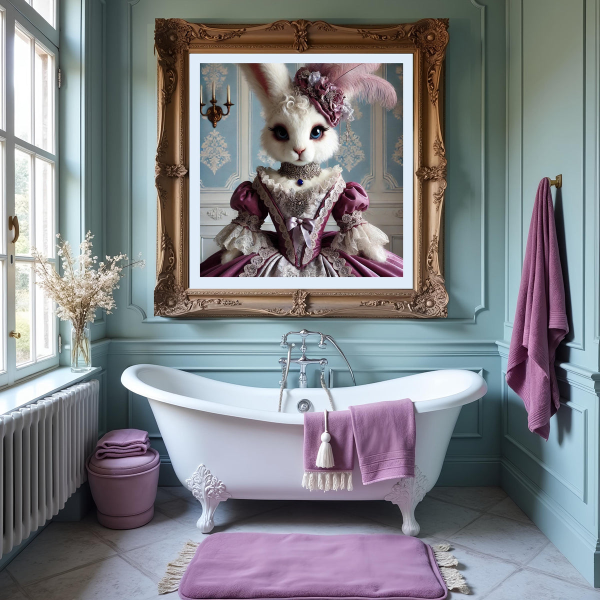 Victorian Bunny Portrait: Whimsical Rabbit in Purple Dress (Digital Download)