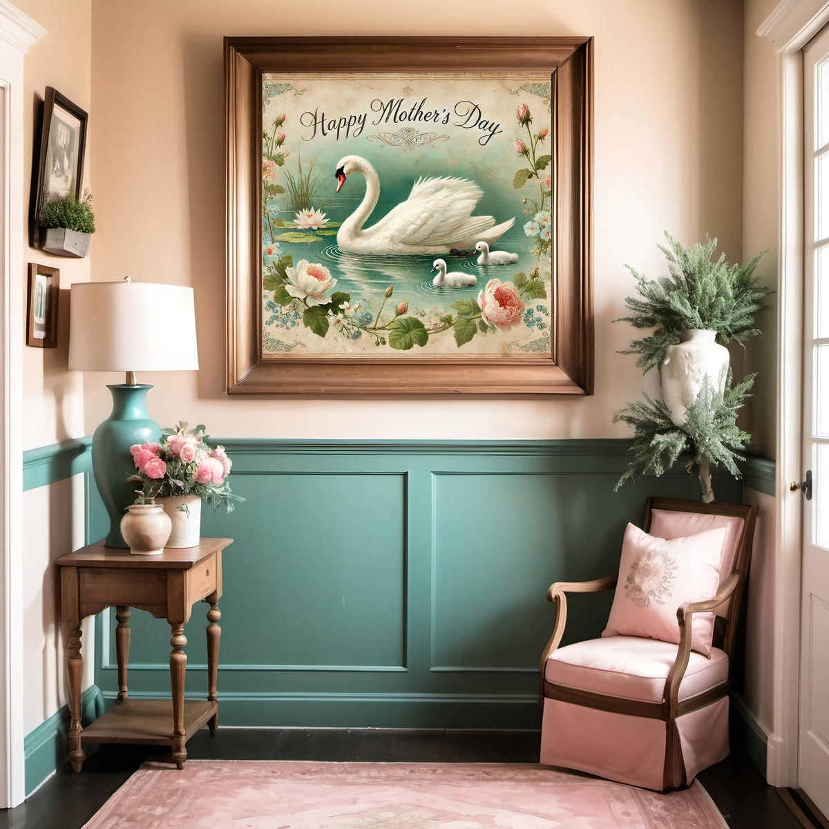 Vintage Swan Family Print, Floral Lake Scene, Mothers Day Gift (Digital Download)