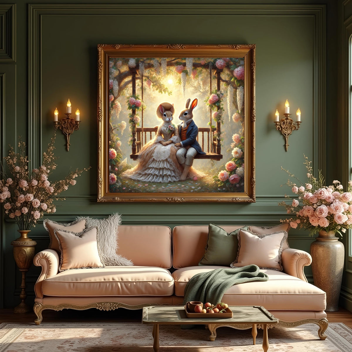 Victorian Bunny Couple Print: Romantic Rabbit Swing Art (Digital Download)