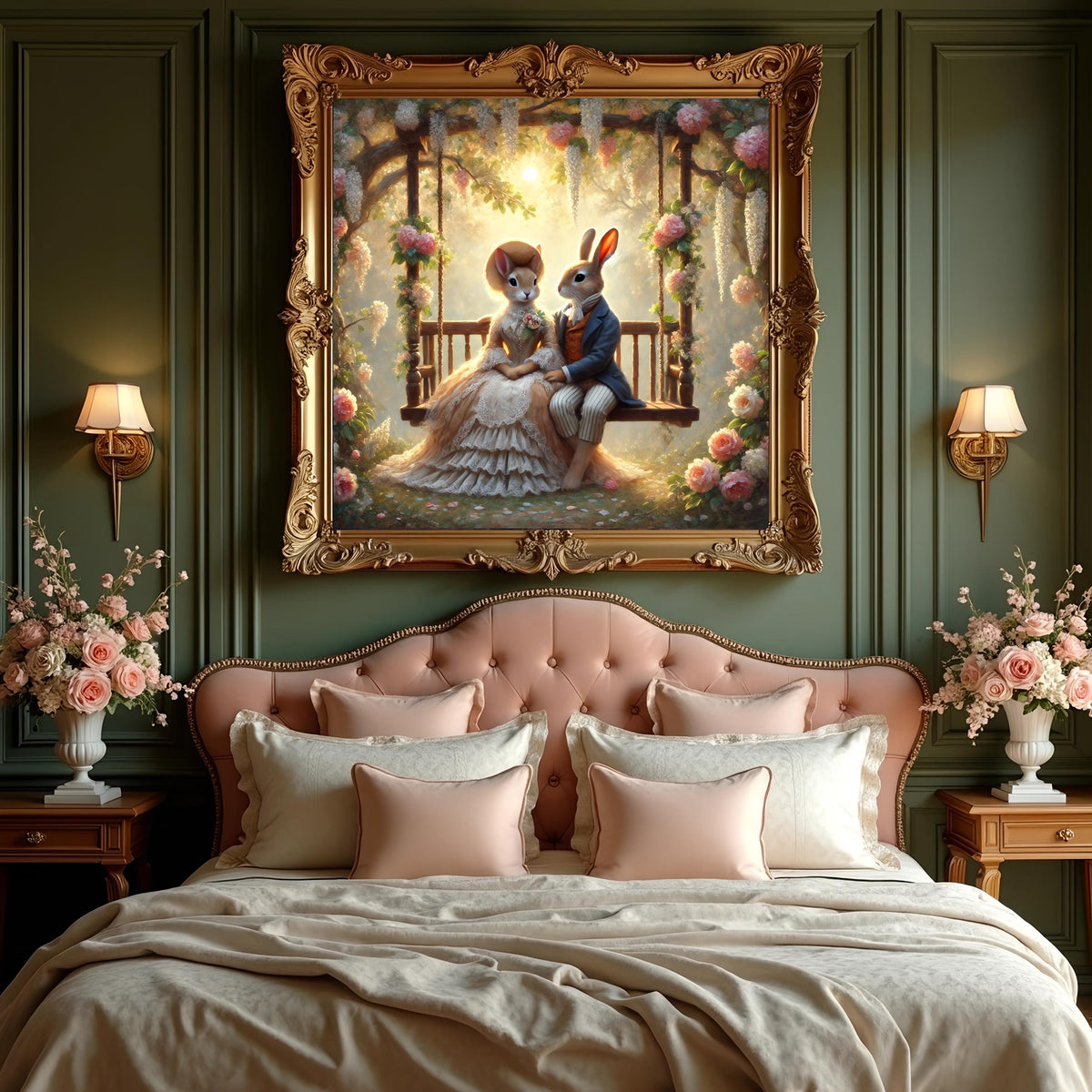 Victorian Bunny Couple Print: Romantic Rabbit Swing Art (Digital Download)