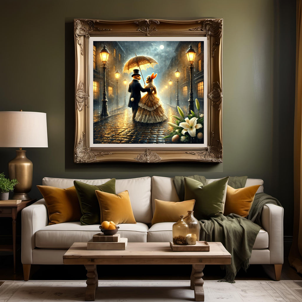 Victorian Easter Bunny Couple Print: Romantic Rainy Night (Digital Download)