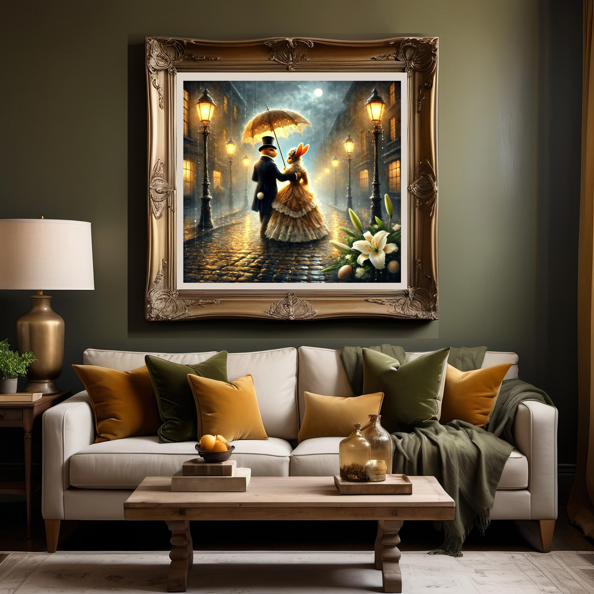 Victorian Easter Bunny Couple Print: Romantic Rainy Night (Digital Download)