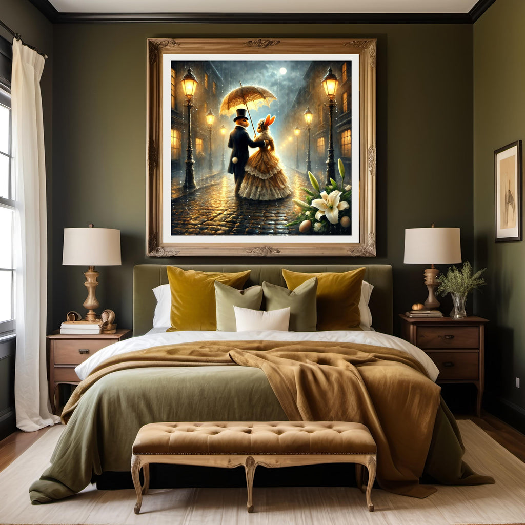 Victorian Easter Bunny Couple Print: Romantic Rainy Night (Digital Download)