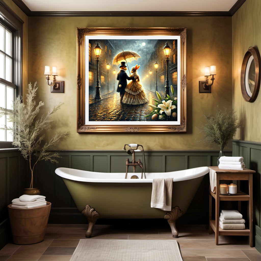 Victorian Easter Bunny Couple Print: Romantic Rainy Night (Digital Download)