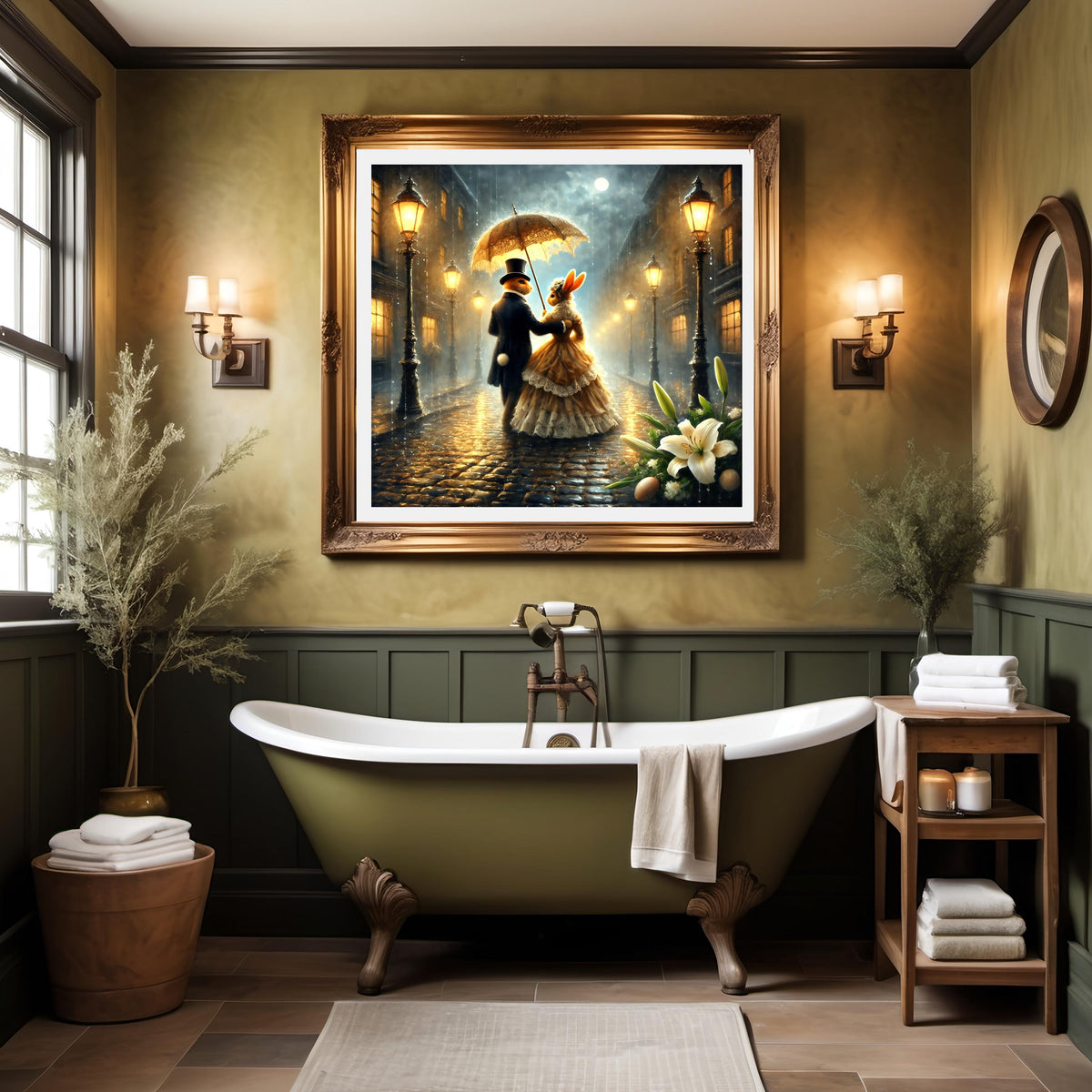 Victorian Easter Bunny Couple Print: Romantic Rainy Night (Digital Download)