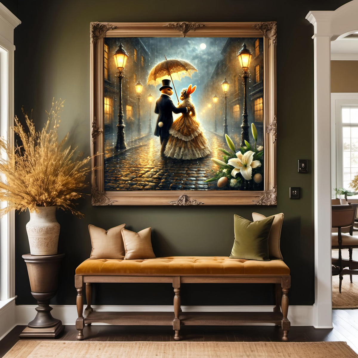 Victorian Easter Bunny Couple Print: Romantic Rainy Night (Digital Download)