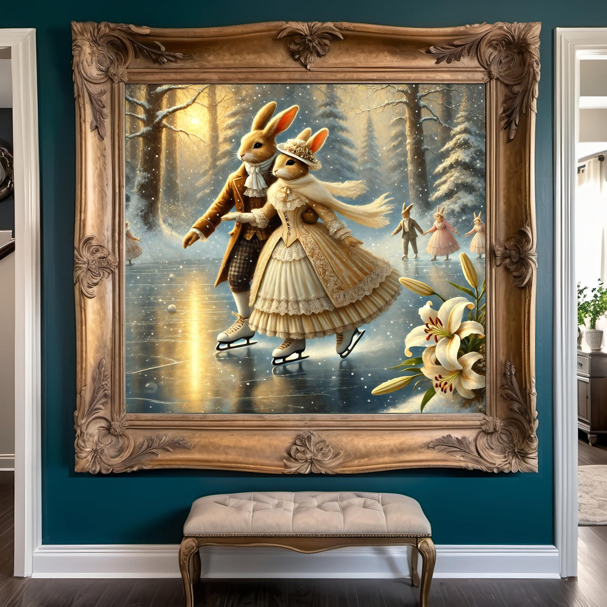 Victorian Bunny Couple Ice Skating Art: Romantic Winter Scene (Digital Download)