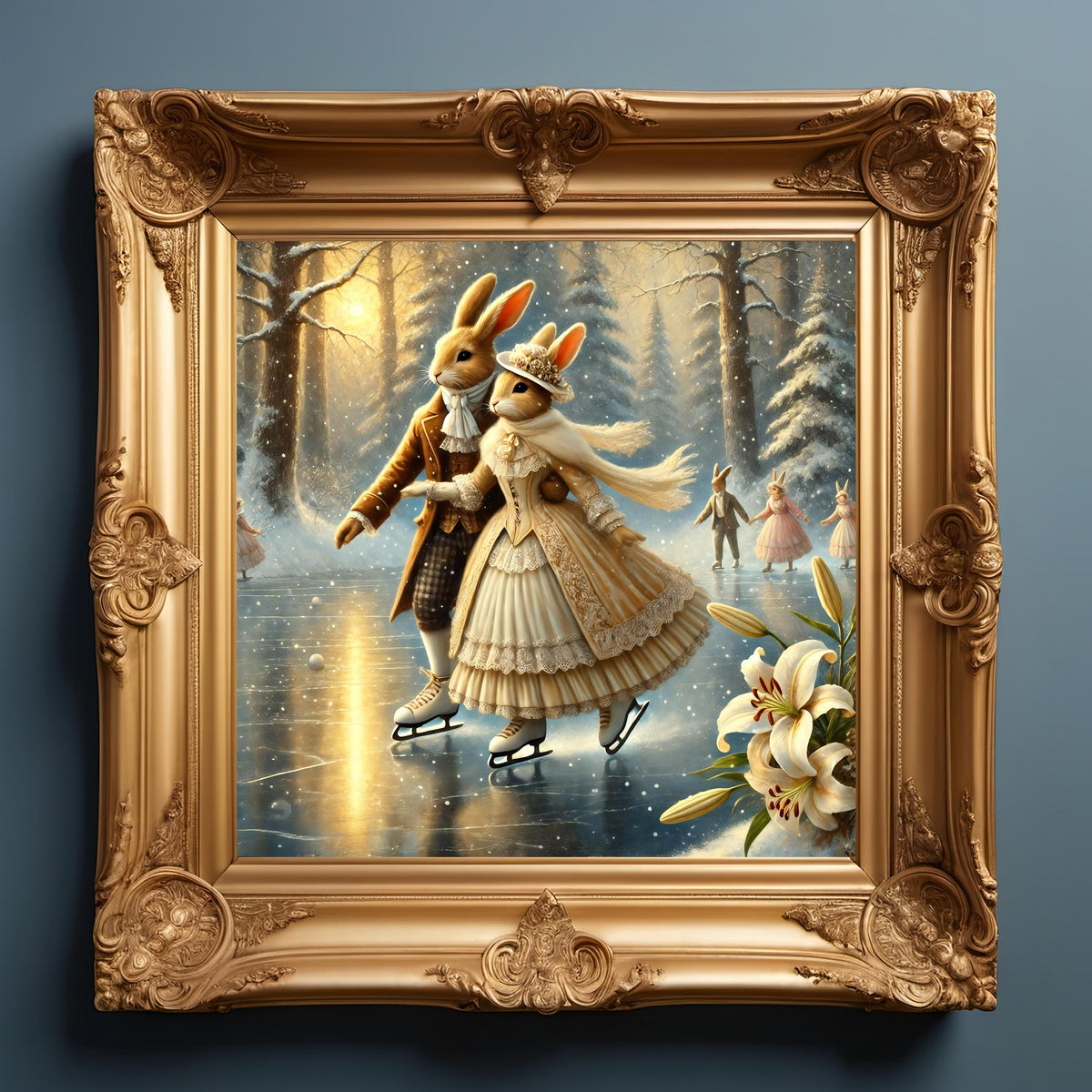 Victorian Bunny Couple Ice Skating Art: Romantic Winter Scene (Digital Download)