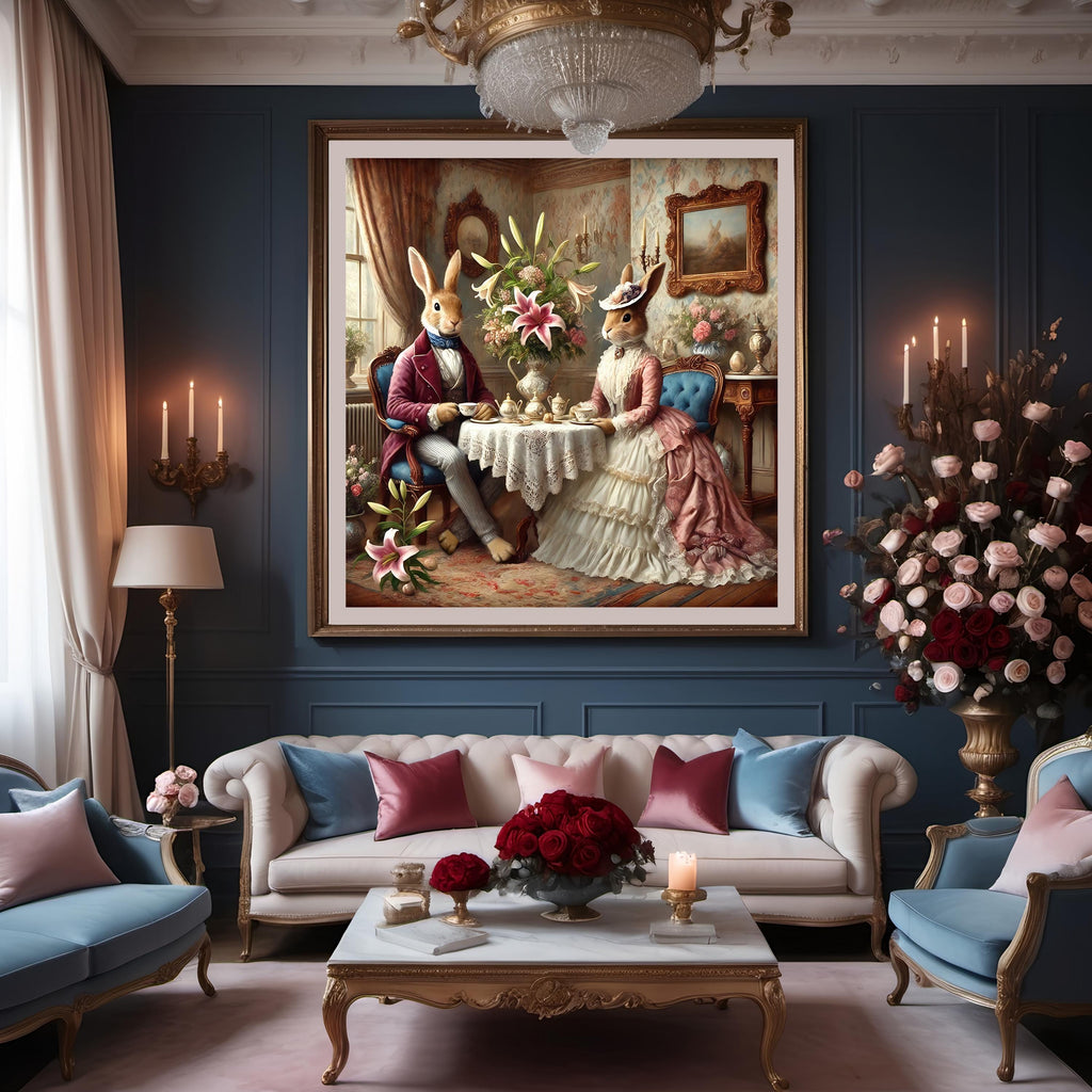Victorian Bunny Tea Party Art Print: Whimsical Easter Decor (Digital Download)
