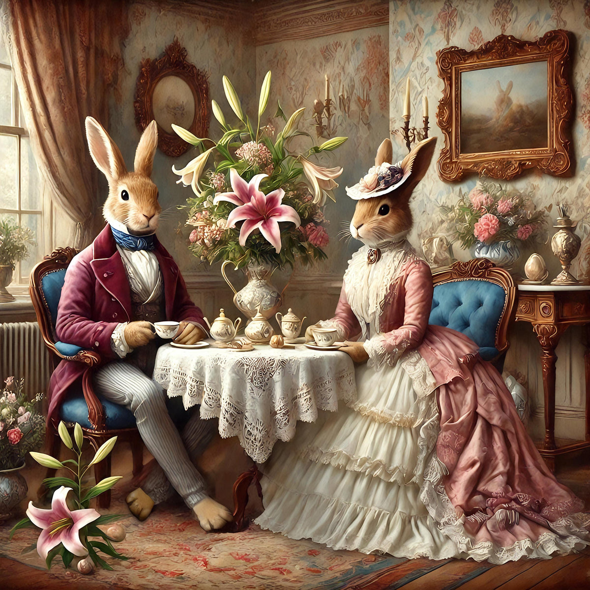 Victorian Bunny Tea Party Art Print: Whimsical Easter Decor (Digital Download)