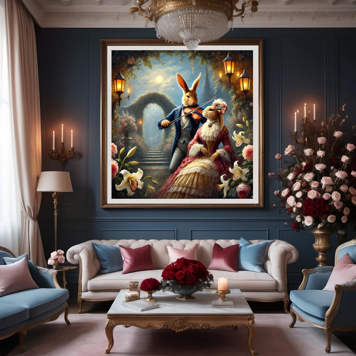 Victorian Bunny Serenade Print: Romantic Rabbit Couple in Moonlit Garden (Digital Download)
