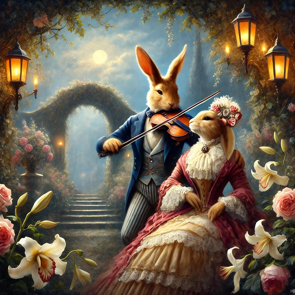 Victorian Bunny Serenade Print: Romantic Rabbit Couple in Moonlit Garden (Digital Download)