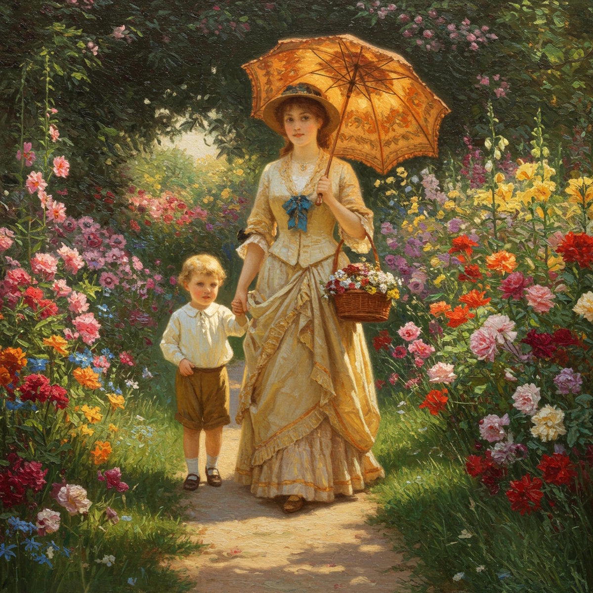 Mother and Son Spring Garden Walk: Vintage Victorian Art (Digital Download)