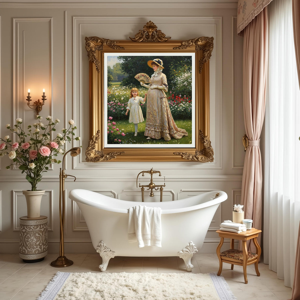 Victorian Mother & Daughter Garden Art: Vintage Floral Painting (Digital Download)