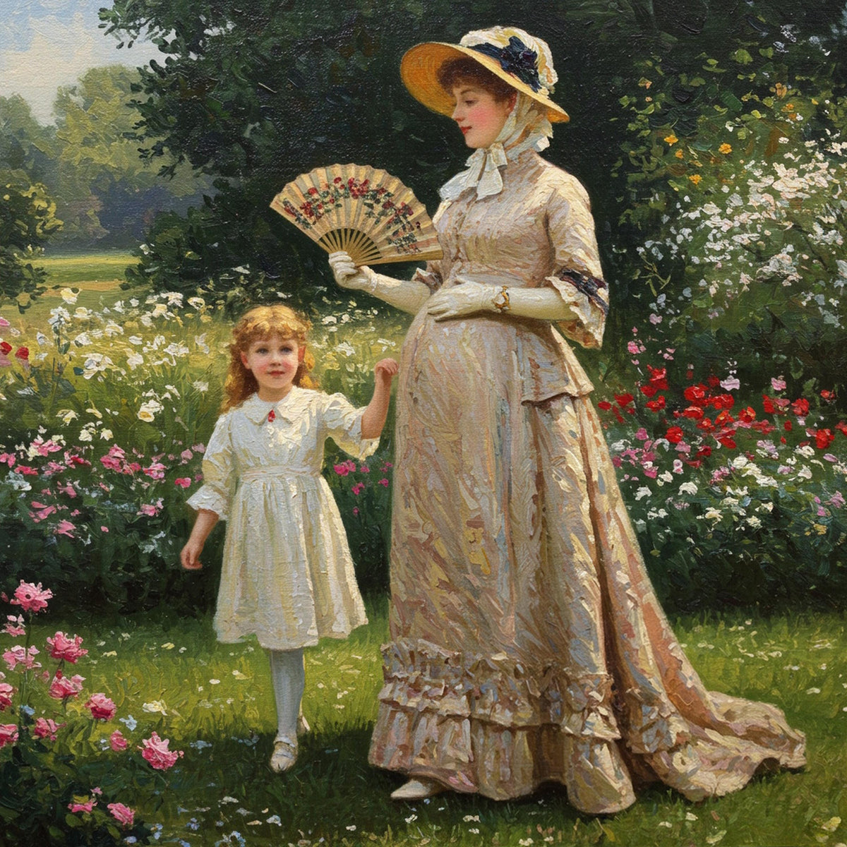 Victorian Mother & Daughter Garden Art: Vintage Floral Painting (Digital Download)