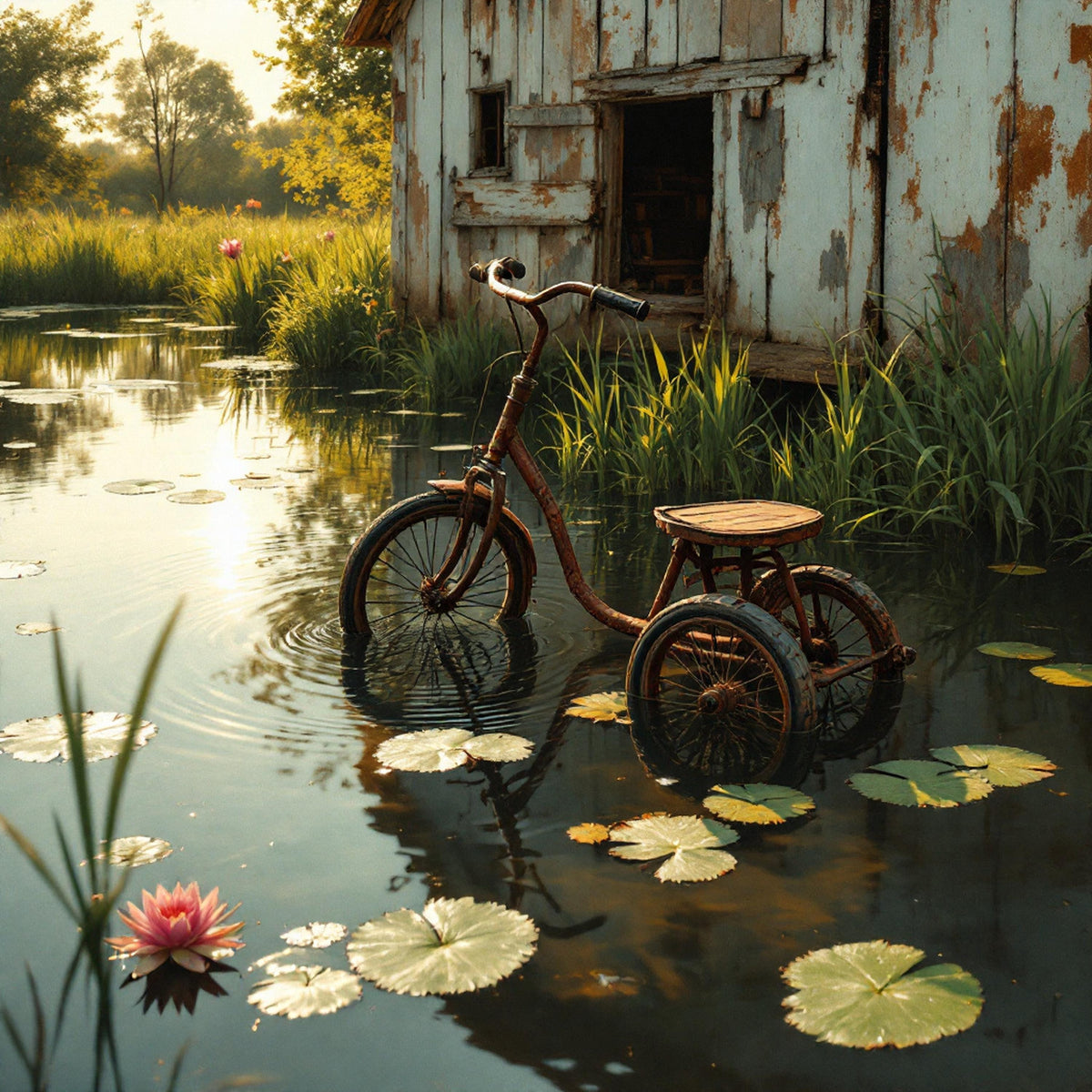 Rustic Tricycle Pond Art: Vintage Summer Printable (Digital Download)