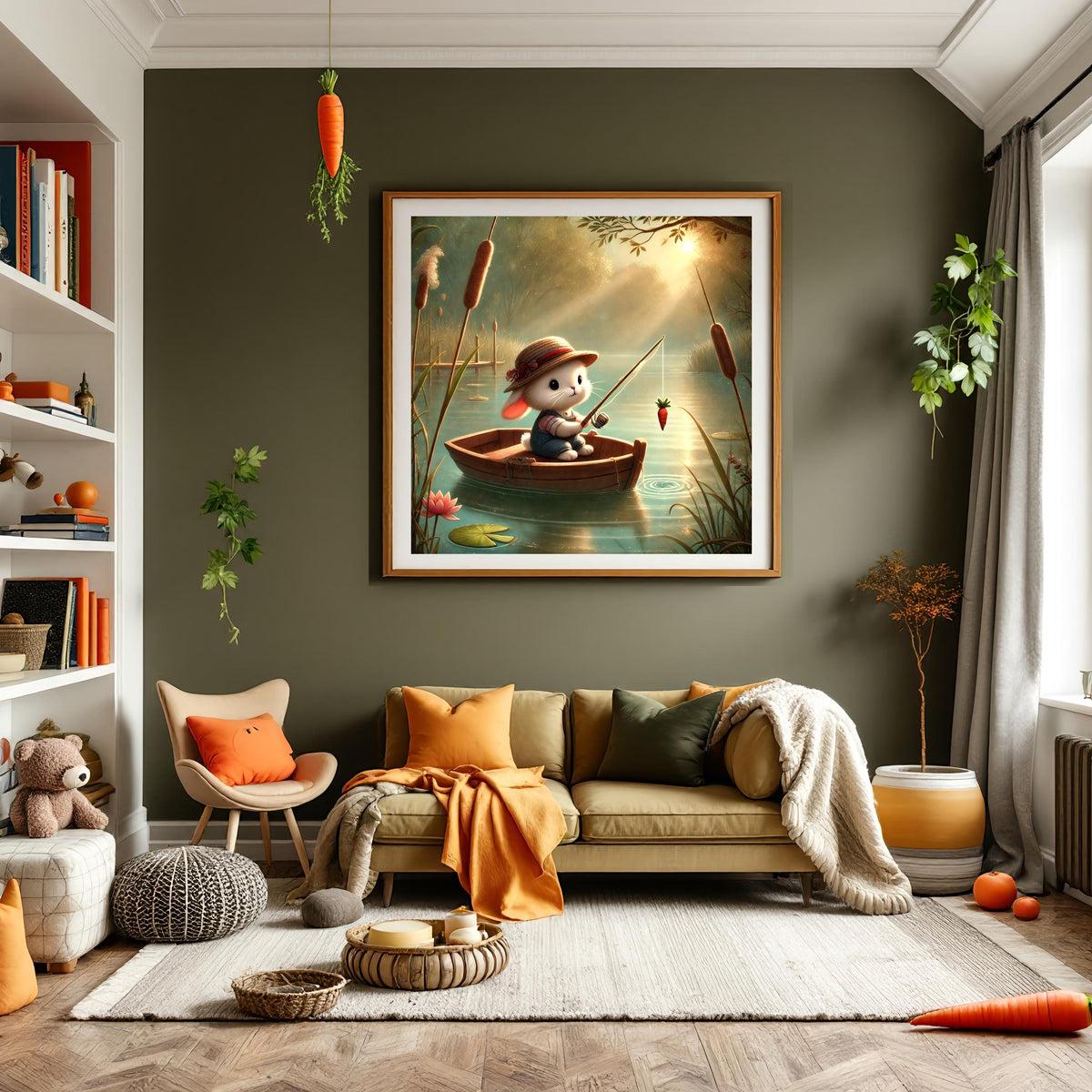 Whimsical Bunny Fishing with Carrot: Nursery Wall Art (Digital Download)
