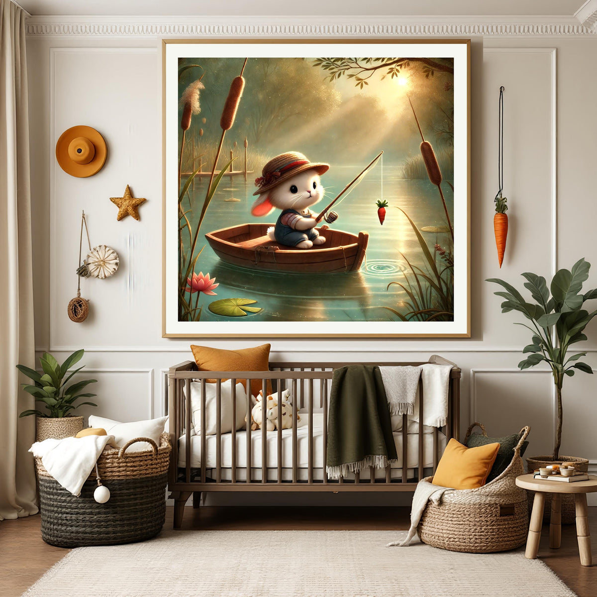 Whimsical Bunny Fishing with Carrot: Nursery Wall Art (Digital Download)