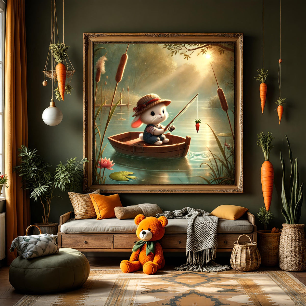 Whimsical Bunny Fishing with Carrot: Nursery Wall Art (Digital Download)