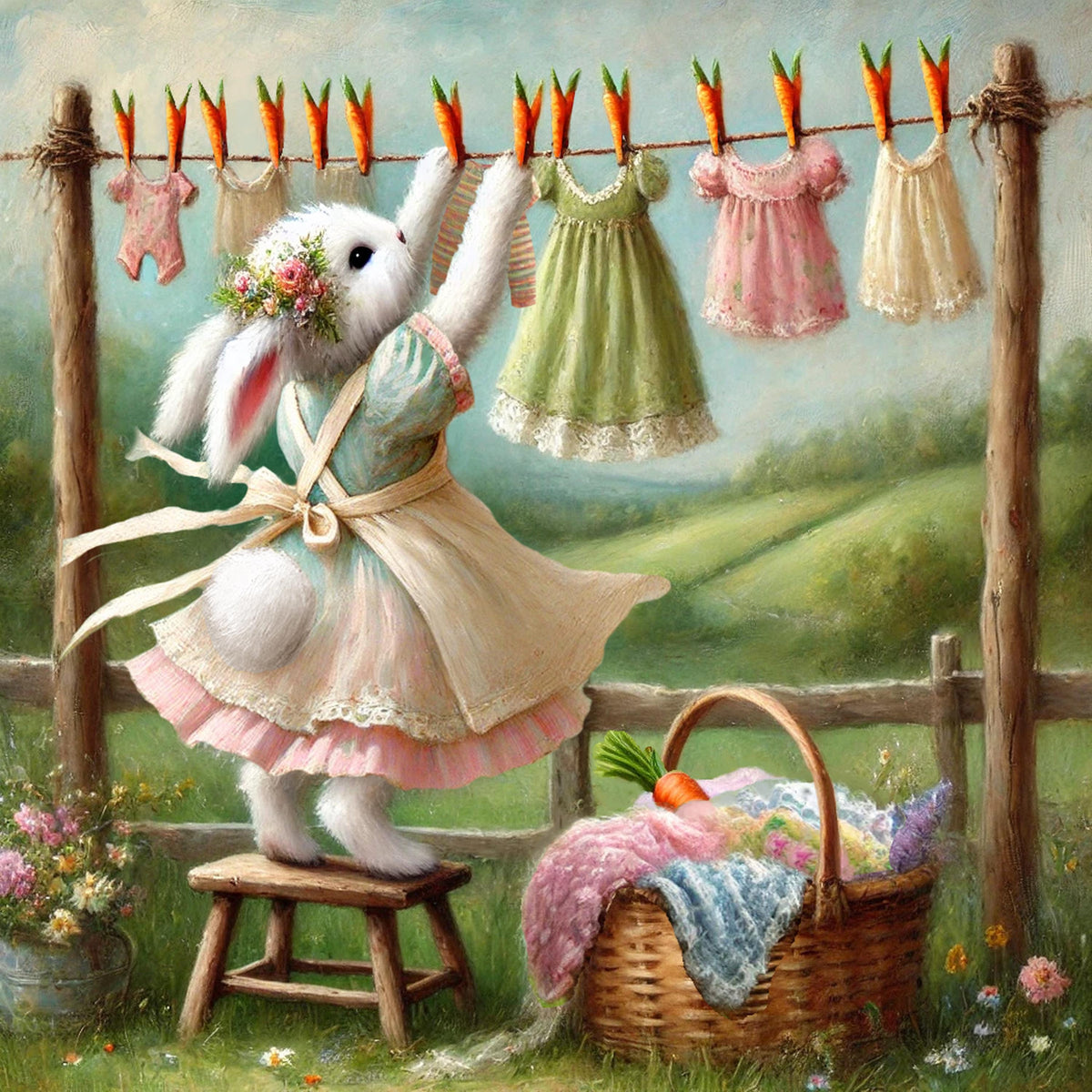 Whimsical Bunny Laundry Line Art: Vintage Easter Nursery Decor (Digital Download)