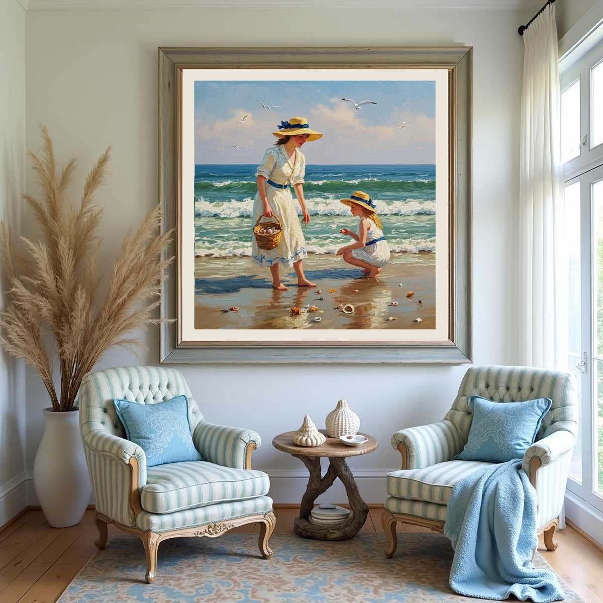 Mother and Daughter Beach Shells: Vintage Seaside Art (Digital Download)